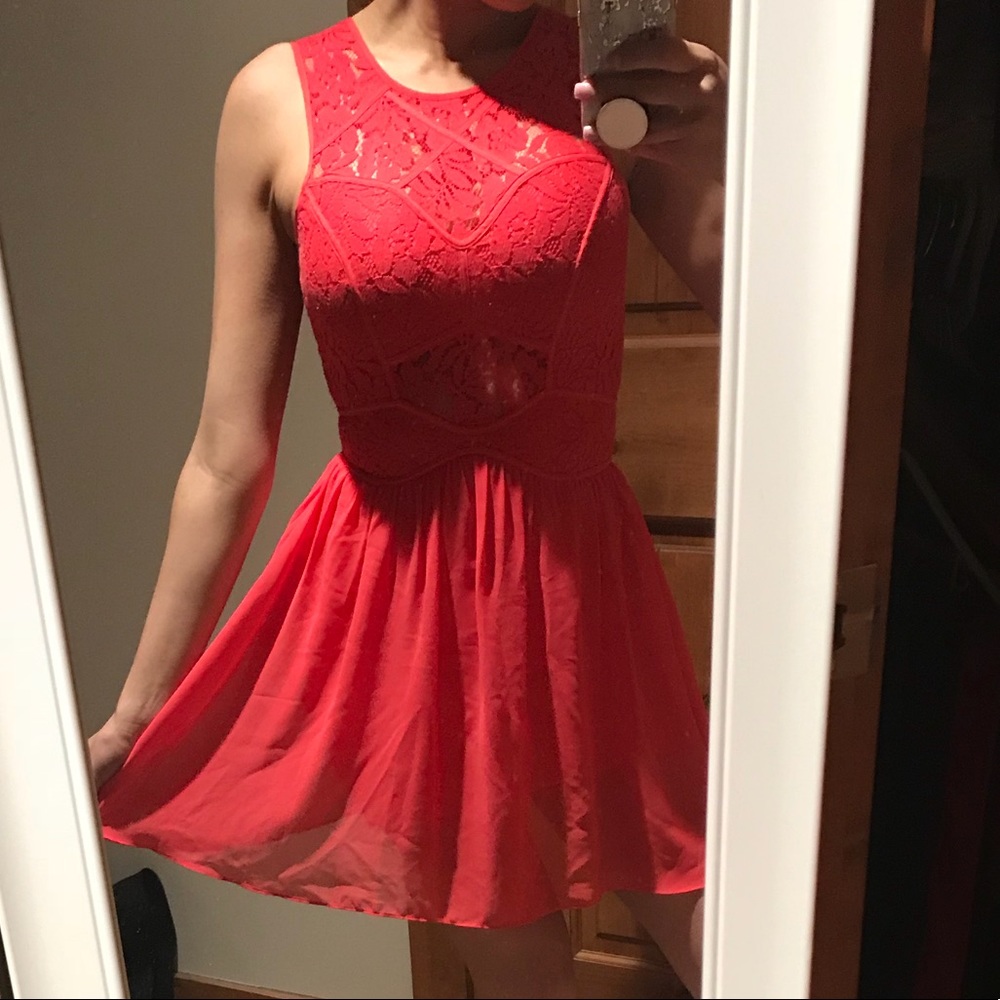Beautiful bright coral lace detail BCBG dress